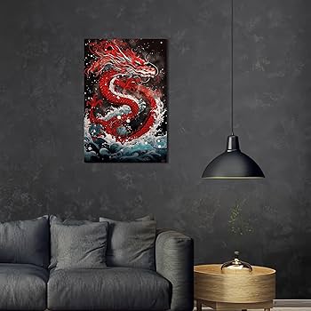 Amazon.co.jp: 海の赤い巨大龍、アジア風ウォールアート、日本画